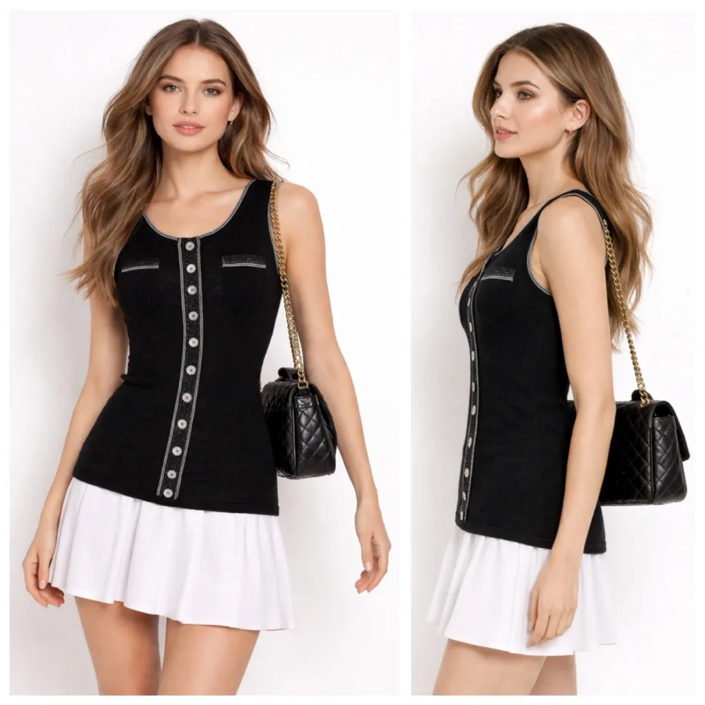 Zac Posen Sleeveless Cashmere Knit Tunic Length Button Sweater, Black sz. S - Image 6