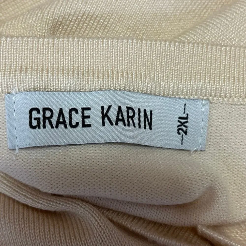 Grace Karin Cream Acrylic Blend Short Sleeve Button Up Cardigan Sweater Size 2XL - Image 3