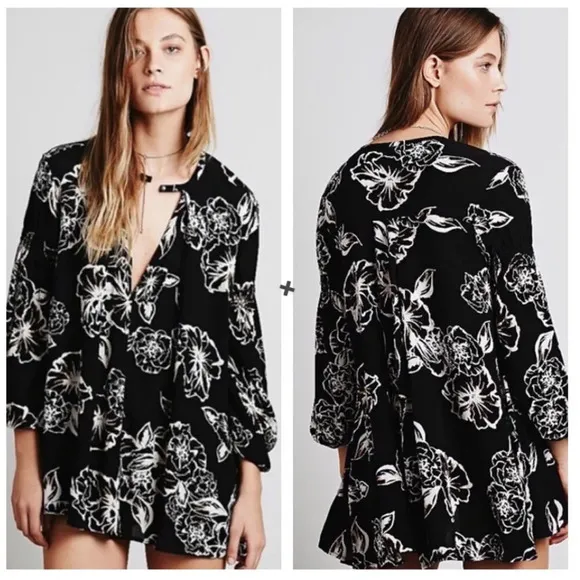 Free People Swing Out Of It Floral Black White Tunic Mini Dress Small - Image 2