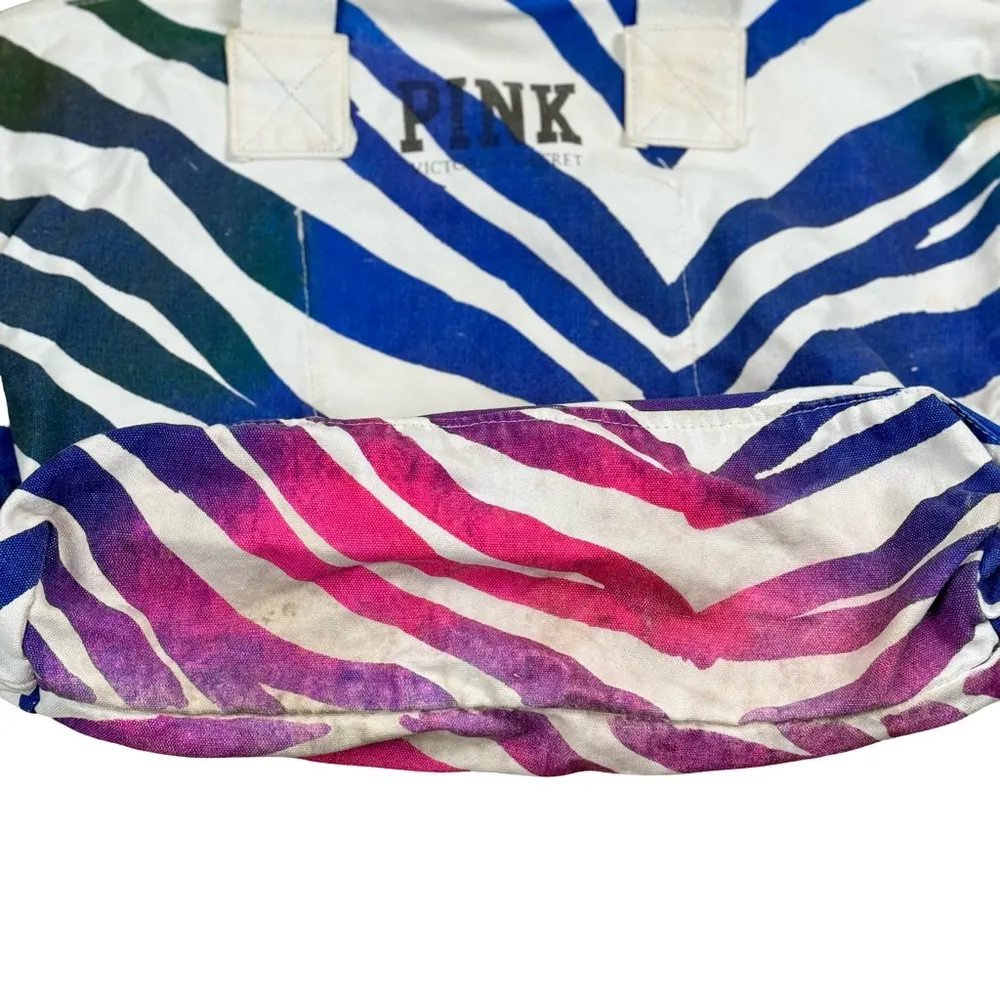 Vintage PINK Victoria's Secret Zebra Multicolor Canvas Tote Beach Travel Bag - Image 12