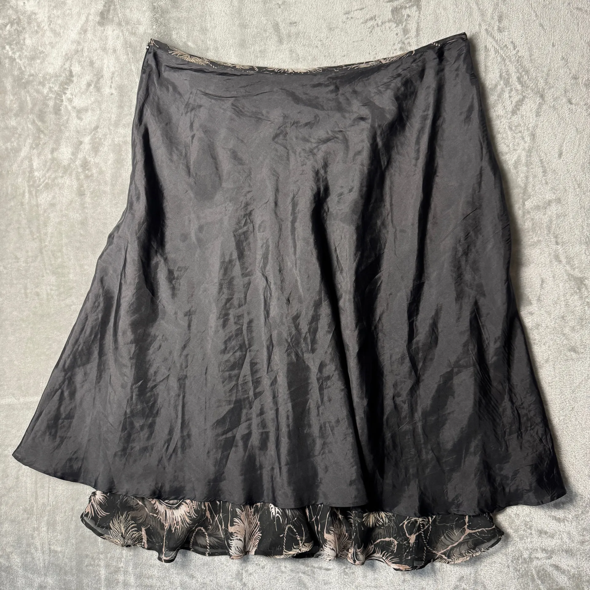 TESS 100% Silk Midi Skirt Size 16 Black Pink Feather Print Lined Flowy Boho - Image 7