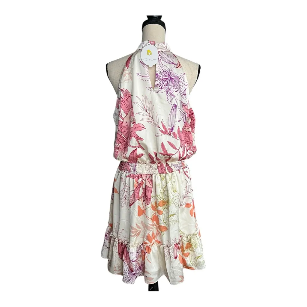 Sweet Lemon Floral Satin Halter Mini Dress Ivory with Pink & Orange Blooms Sz L Size L - Image 2