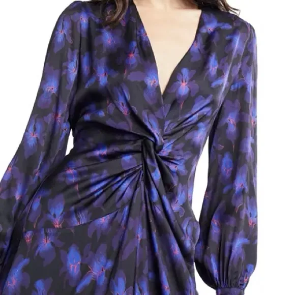 The Kooples Iris Floral Twist Knot Mini Dress Purple Black NWT Size 2 - Image 2