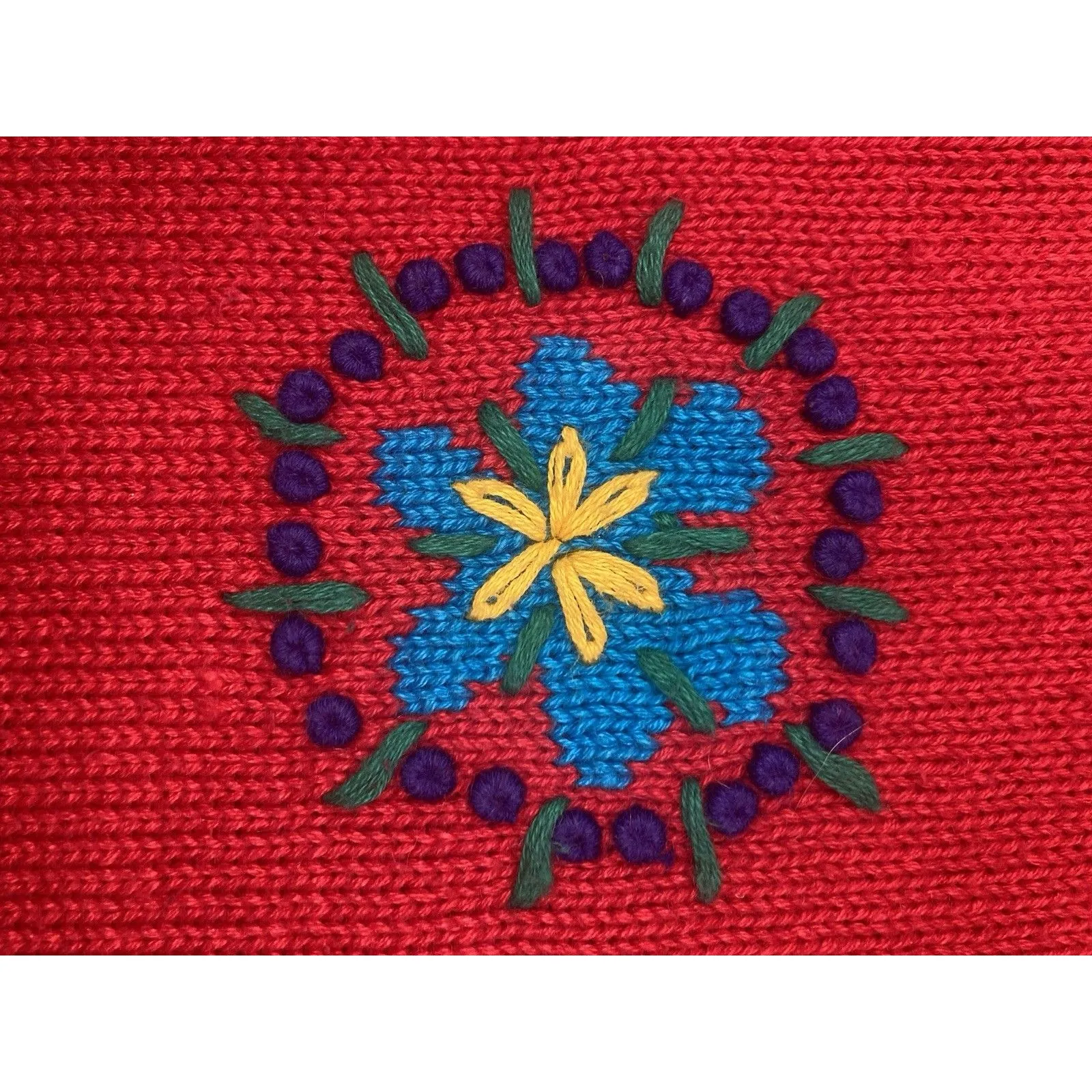 Vintage 80s Red Turtleneck Sweater Women L Chunky Bold Embroidered Shoulder Pads Size L - Image 4