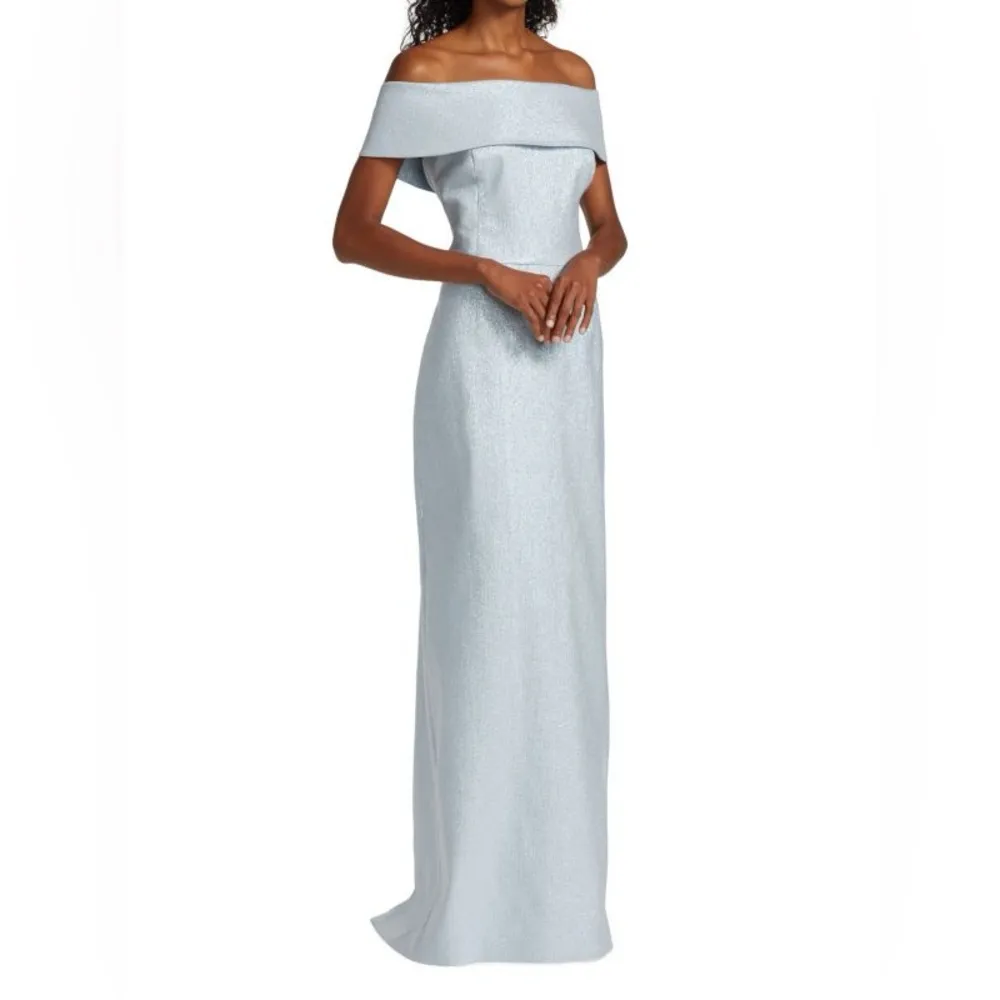 Rickie Freeman for Teri Jon Off Shoulder Metallic Jacquard Ice Blue Column Gown Size 16 - Image 5