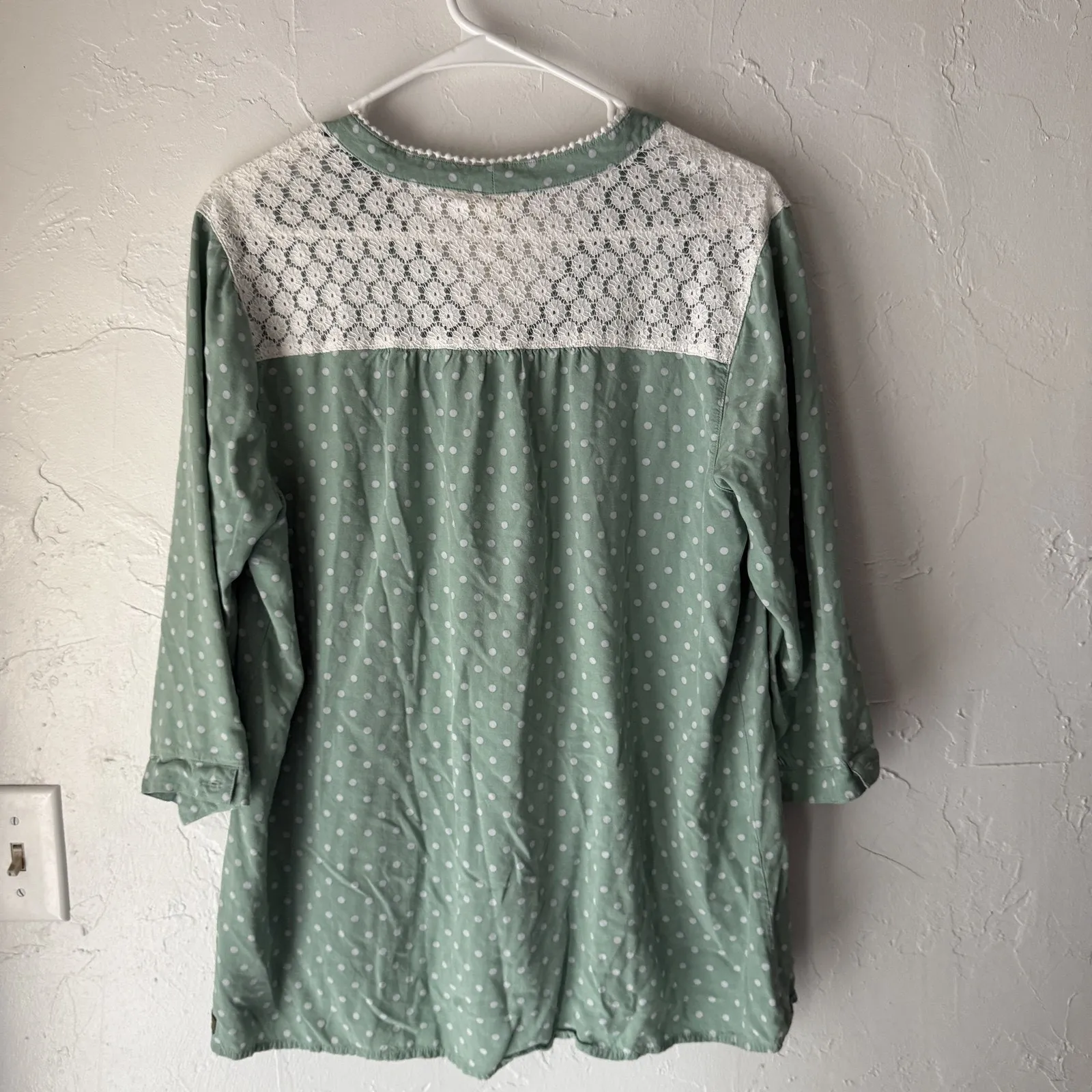 Matilda Jane Shirt XL Green Polka Dot Lace Trim Button Tunic Top Cottage Peasant - Image 7