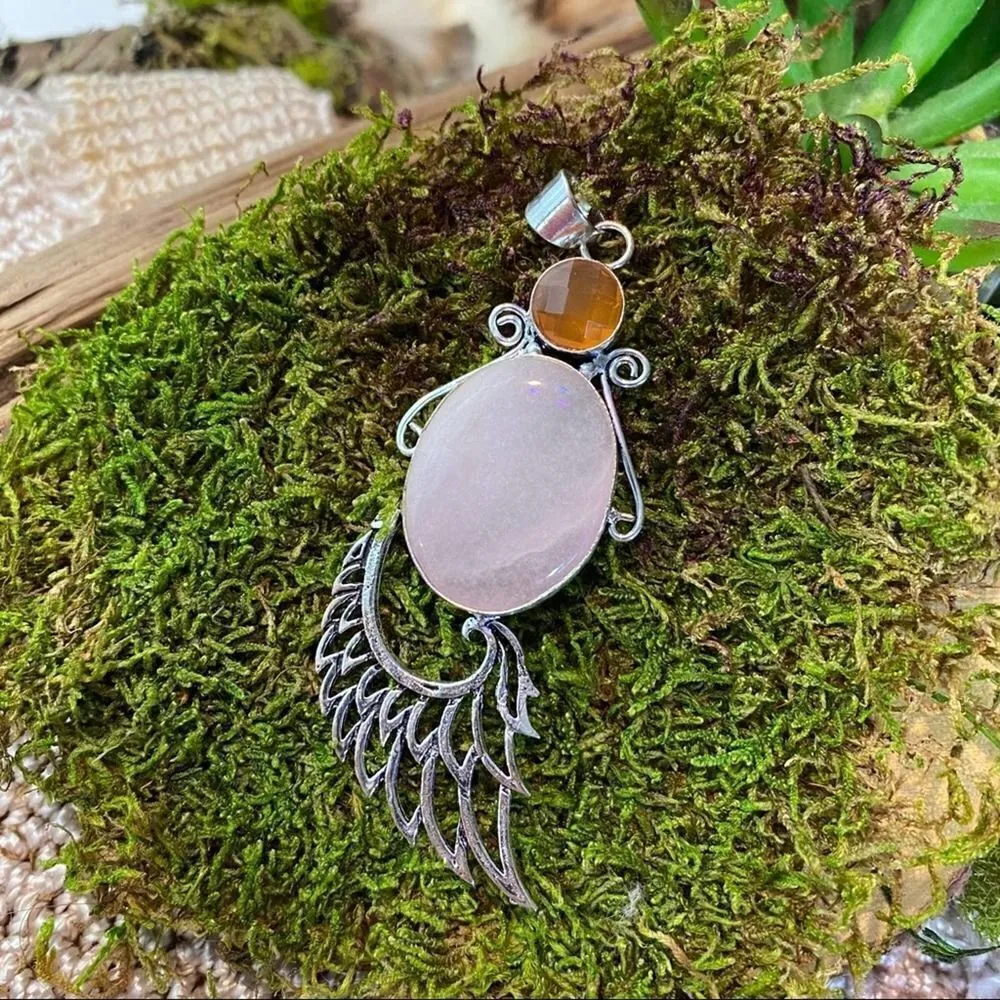 Monalisa & Mookaite gemstone Angel Wing Pendant Pink - Image 2