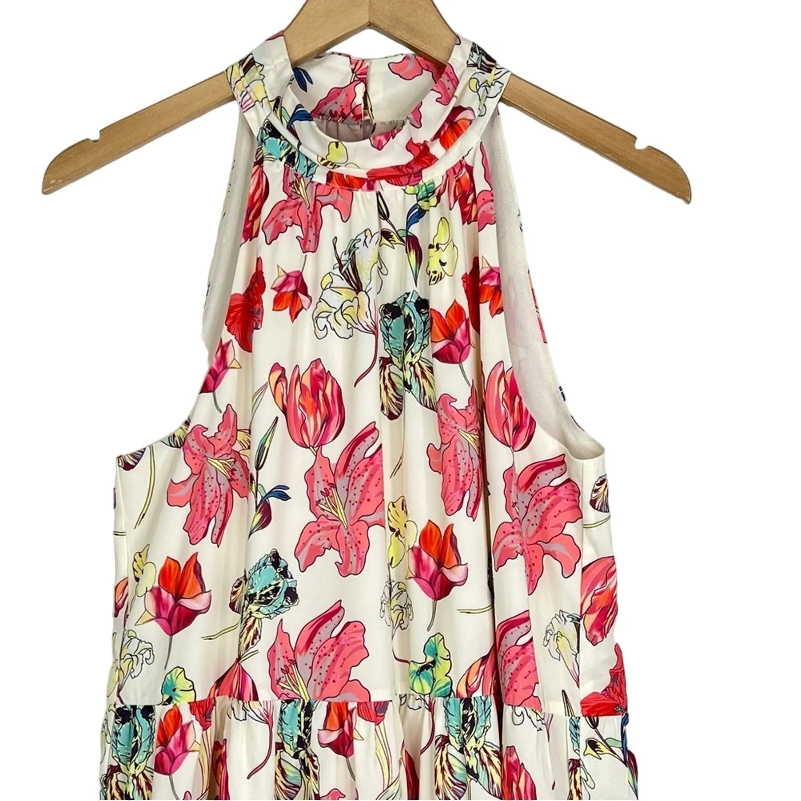 Jade By Melody Tam Elaina halter tiered ruffle topical floral lilies dress M NEW Red Size M - Image 3
