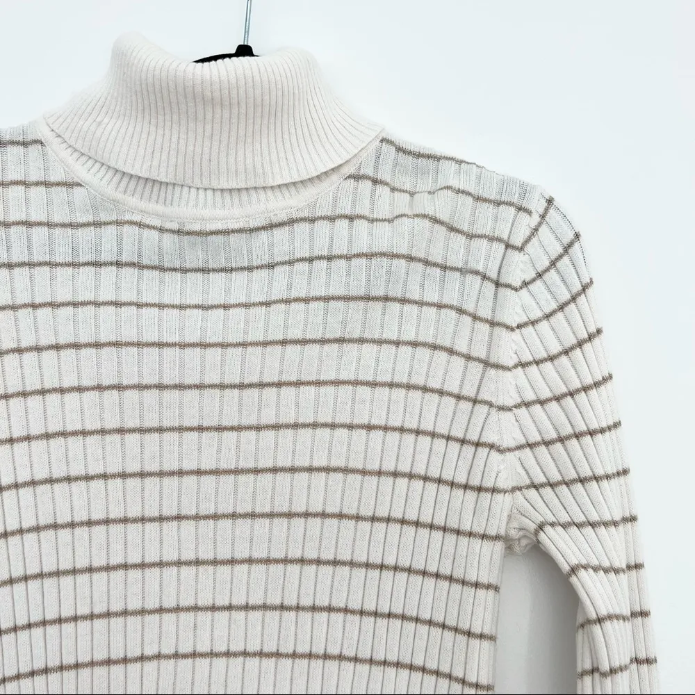 Croft & Barrow Neutral Off White Cream Ribbed Knit Striped Turtleneck Sweater M - Image 3