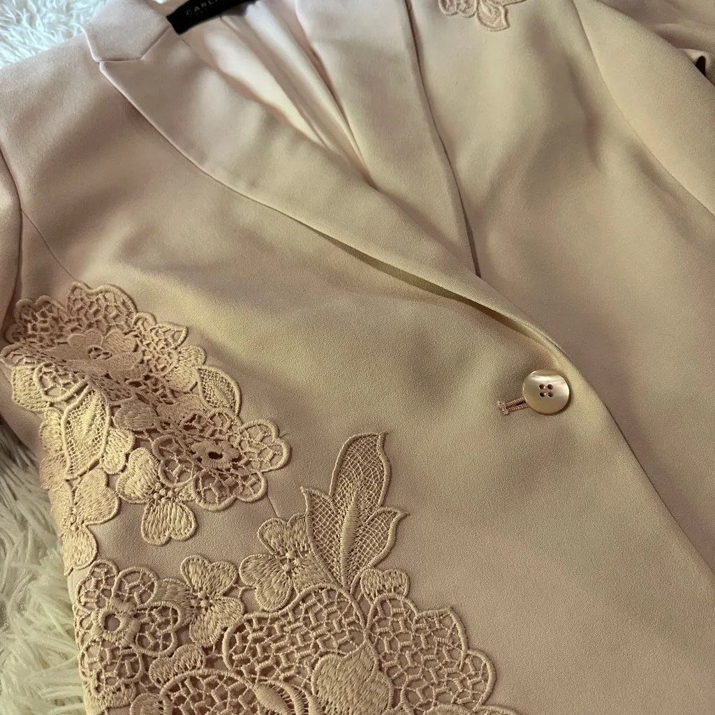 Carlisle Blush Pink Lace Appliqué Blazer Jacket – Tailored Elegant Size 4 - Image 11
