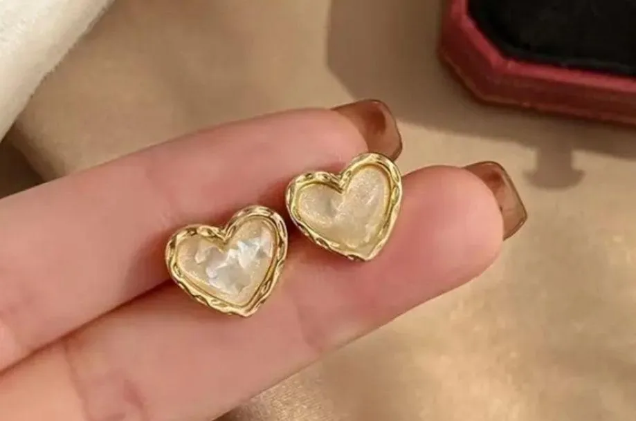 Gold and White Heart Earrings - Image 4