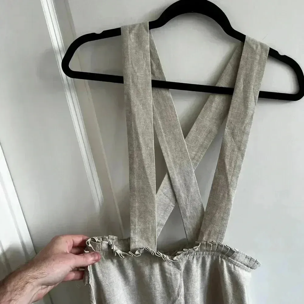 Adriana Degreas Linen Blend Cross Back Overall Dress Size Medium Tan - Image 3