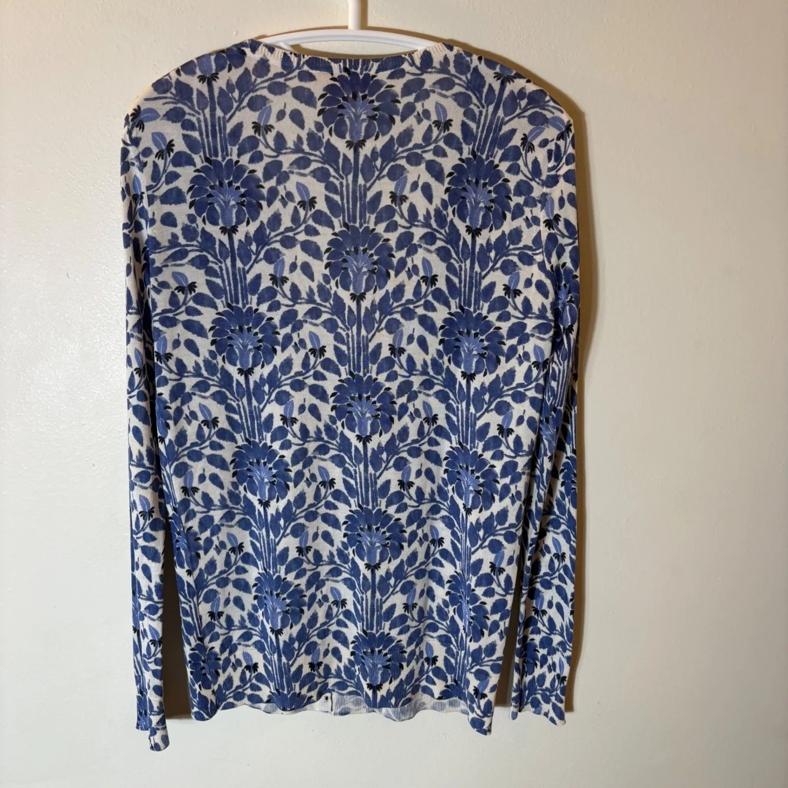 Tory Burch Silk Floral Print Button Front Cardigan Blue White Size Small - Image 8