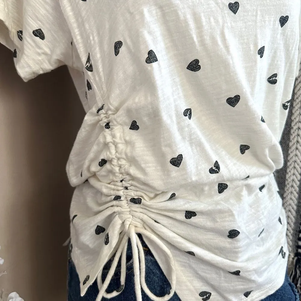 Lucky Brand Heart Print Cream/Black Asymmetrical Front Tie Ruched T Shirt - Image 2