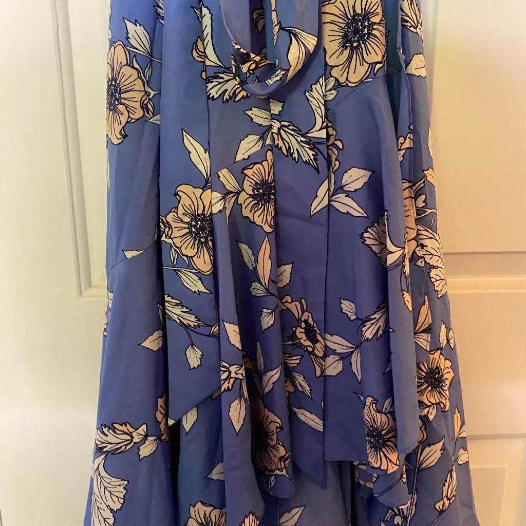Eliza J Floral Faux Wrap Dress Size 8 Dusty Blue Ruffle Midi Belted Boho Wedding - Image 4