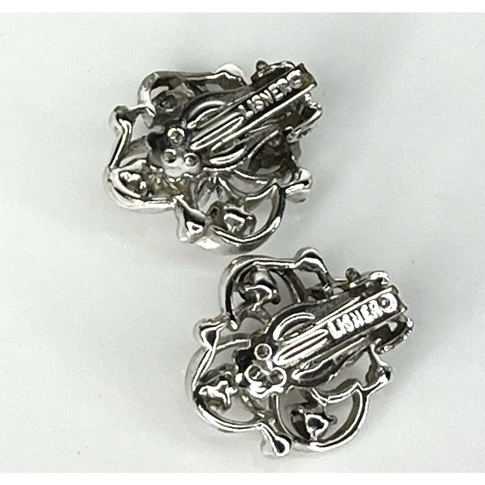 Vintage 1950s Signed Lisner Silver Crystal Rhinestone Flower CLIP ON EARRINGS 1" - Image 3