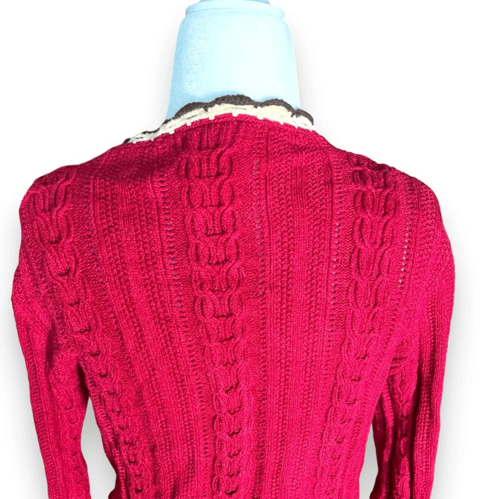 Vintage 90s Burgundy Cable Knit Cardigan Sweater Cream Ruffle Scalloped Trim Red - Image 6