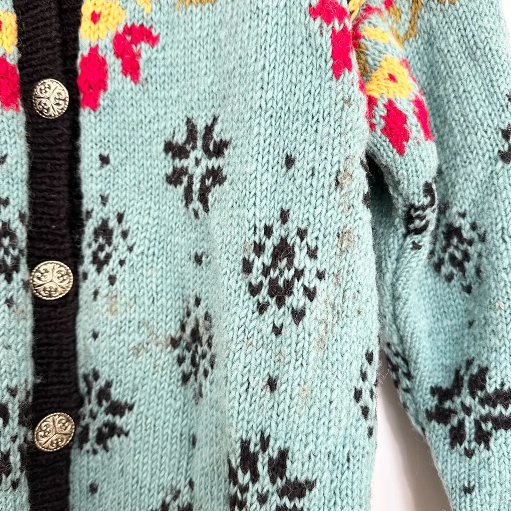 Motif hand knitted in Nepal cardigan size small 100% wool Aztec colorful Blue - Image 3