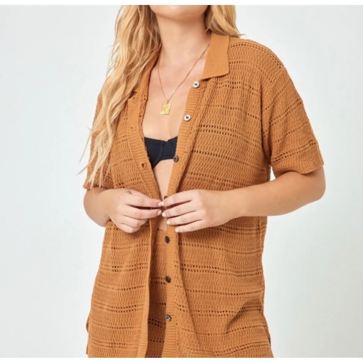 L Space Marbella Knit Short Sleeve Oversized Swim Cover Polo Brown Size Small - Image 2