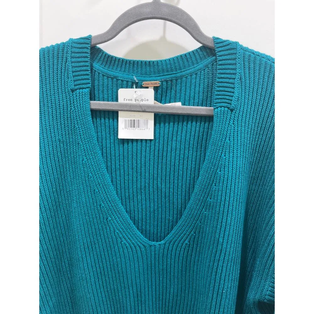 NWT Free People Allure V Neck Ribbed Pullover Sweater in Turquoise Size XS - Image 3