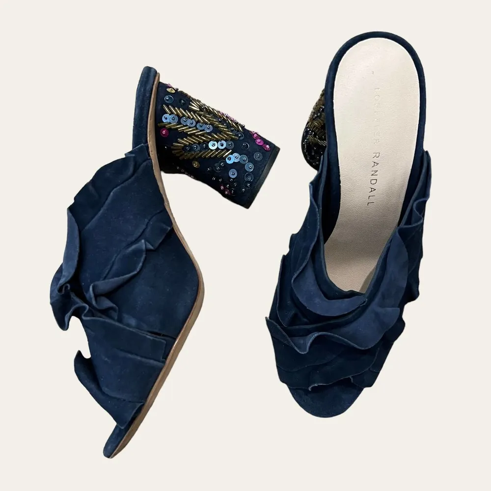 Loeffler Randall Navy Blue Ruffled Sequin Beaded Embellished Block Heel Mule 7 - Image 3
