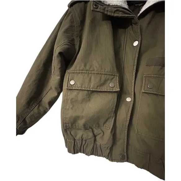 Garage L Olive Green‎ Utility Bomber Jacket Sherpa Collar Gorpcore Grunge Urban - Image 15