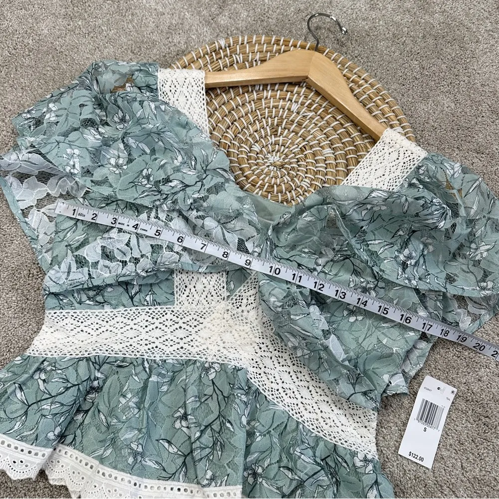 NWT En Saison Women’s Caudry Lace Top Blouse Shortsleeve Cottagecore in Teal S Green - Image 12