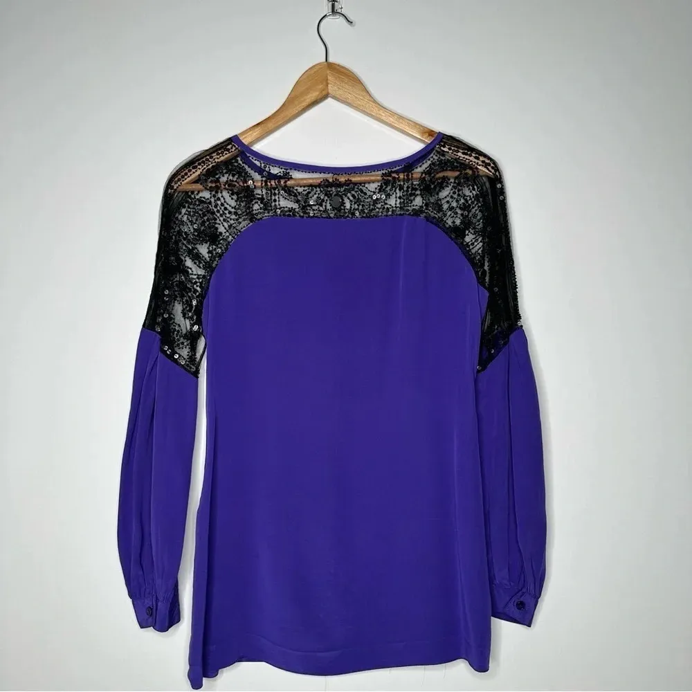 Tory Burch Purple Black Lace Embellished 100% Silk Blouse Size 4 - Image 7