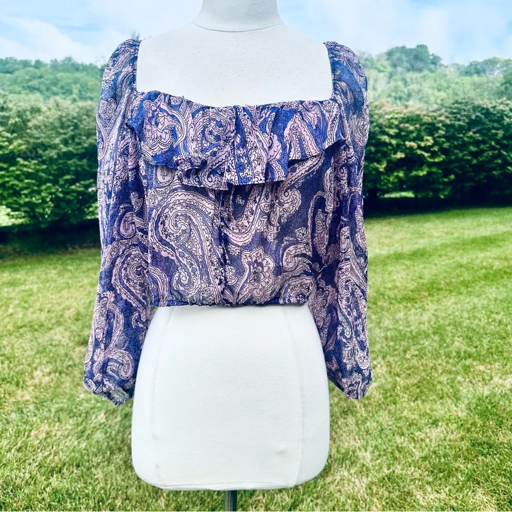 ZARA Purple Cropped Sheer Blouse Top Boho Indie Floral Mauve Ruffle - Image 3