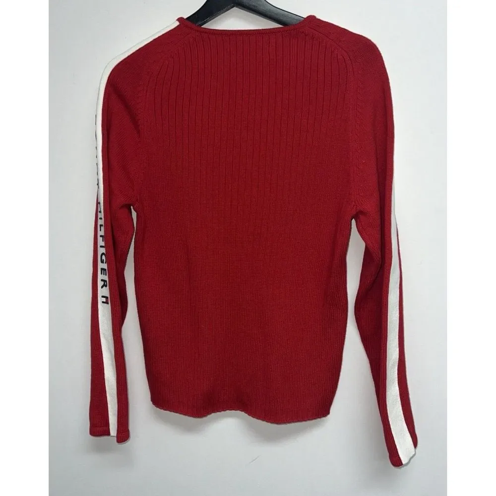 Vintage Y2K Tommy Hilfiger Womens Ribbed Knit Sweater Size XL Red White V-neck - Image 4