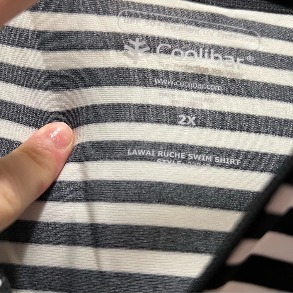 Coolibar UPF 50+ Lawai Ruche Swim Quarter Zip Black Striped Shirt Plus Size 2X - Image 8