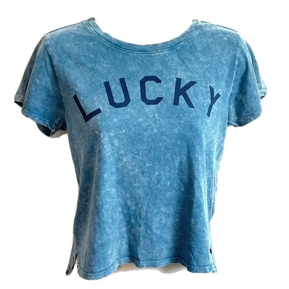 Lucky Brand hi low crop t shirt top graphic print blue small pullover distressed - Image 2
