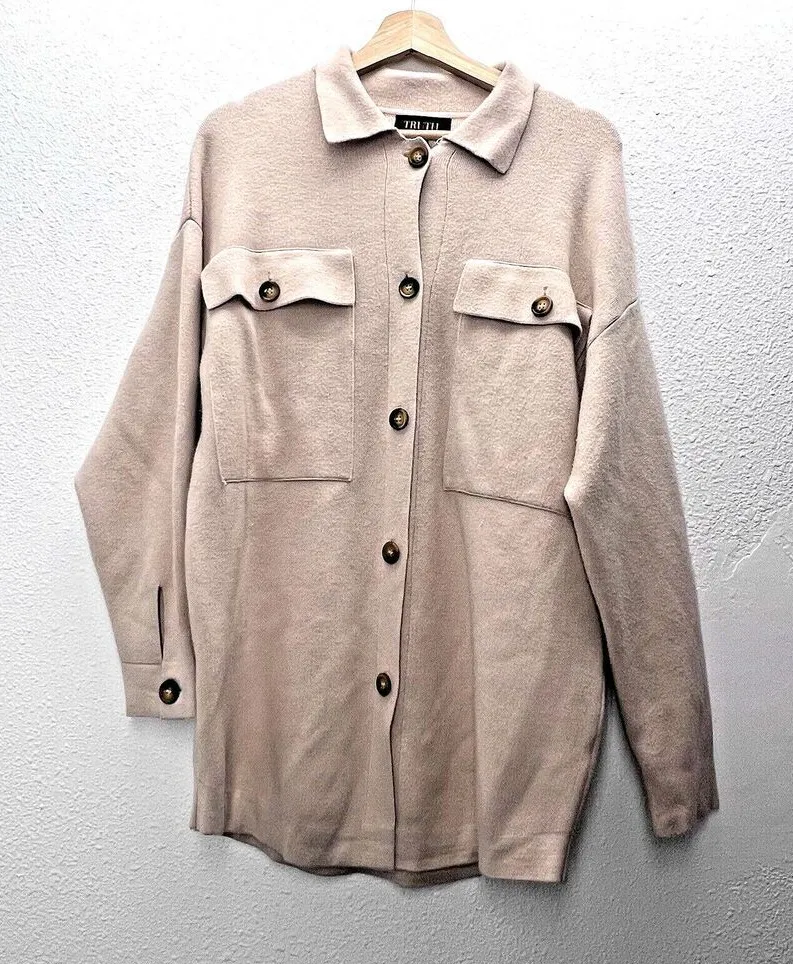 Truth Republic Womens Large beige viscose cozy sweater Shacket front pockets L. Tan - Image 1