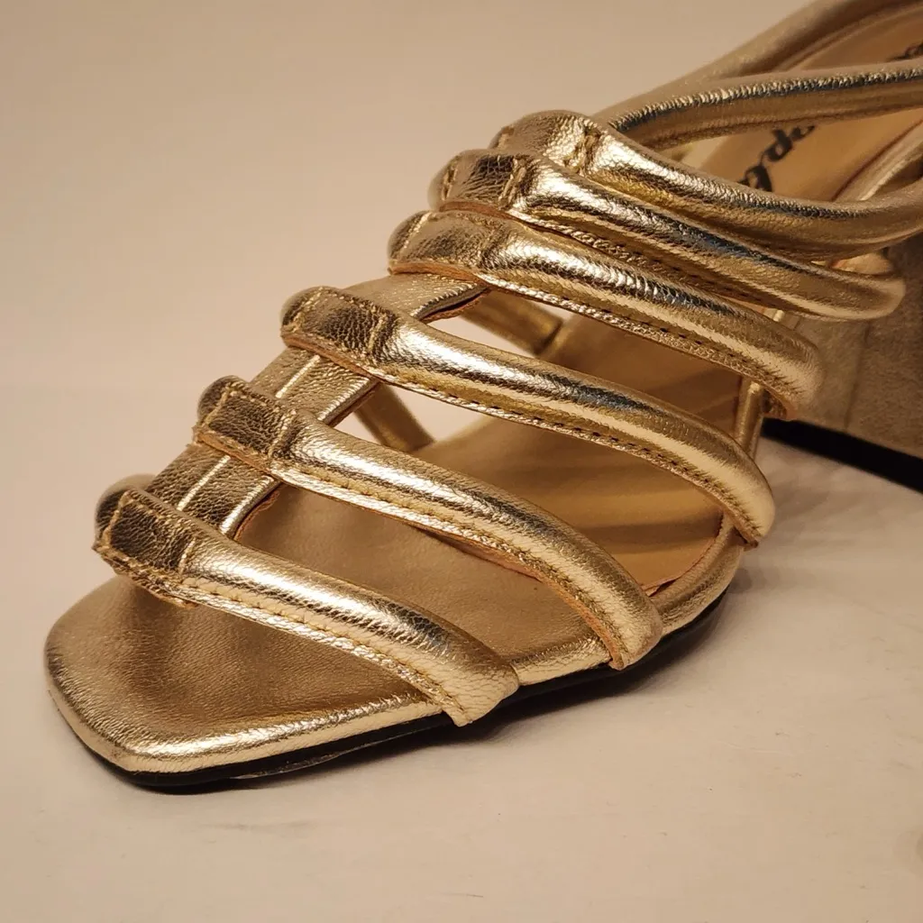 Free People Colette Cinched Women’s Gold Strappy Block Heel Sandals Size 6.5 /37 - Image 9