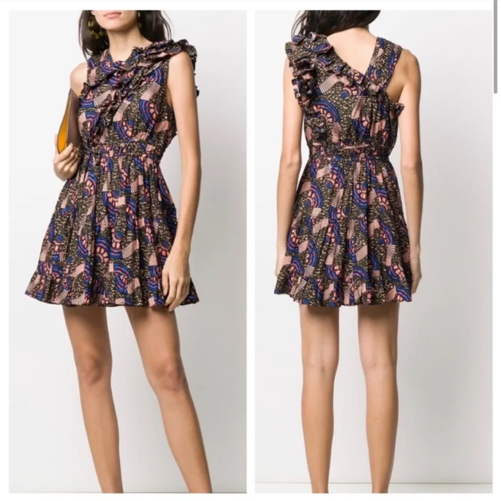Ulla Johnson Iliana Poplin‎ Ruffle Sleeveless Geometric Print Mini Dress Sz 2 - Image 2
