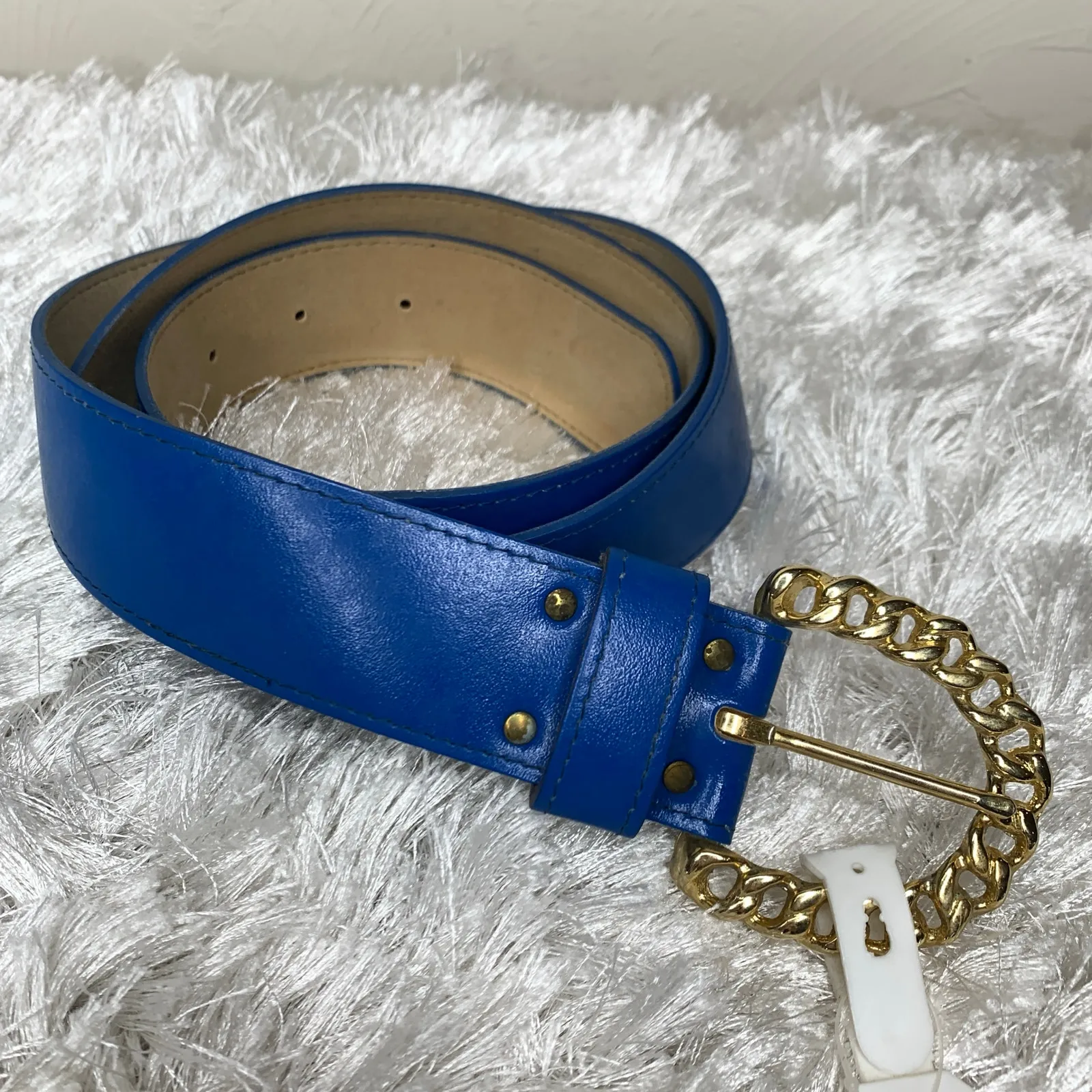 Royal Blue Leather Deadstock Wide Belt Gold "Chain" Buckle Sz XL - Image 2