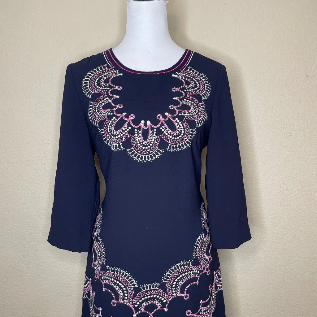 Navy Blue Paisley Embroidered Shift Dress Career Officesiren Sz 10 Work - Image 3