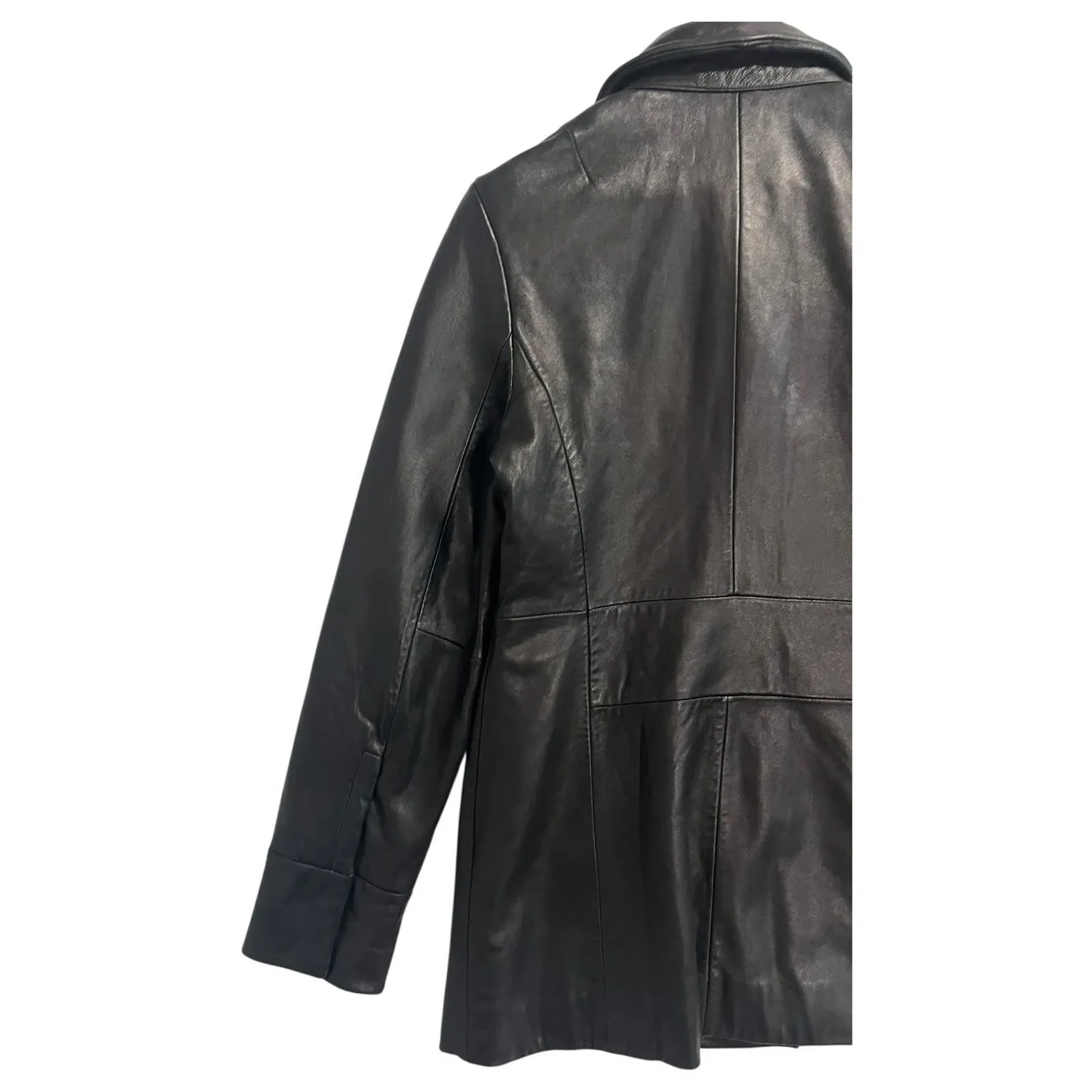 VTG Banana Republic Jacket Womens Medium Black Leather Butter Soft Moto Coat Y2K - Image 11