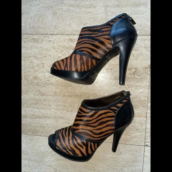 Reba Womens 7 Briell Black Cow Fur Leather‎ Peep Toe 5" Heel Booties Boot Shoes - Image 4