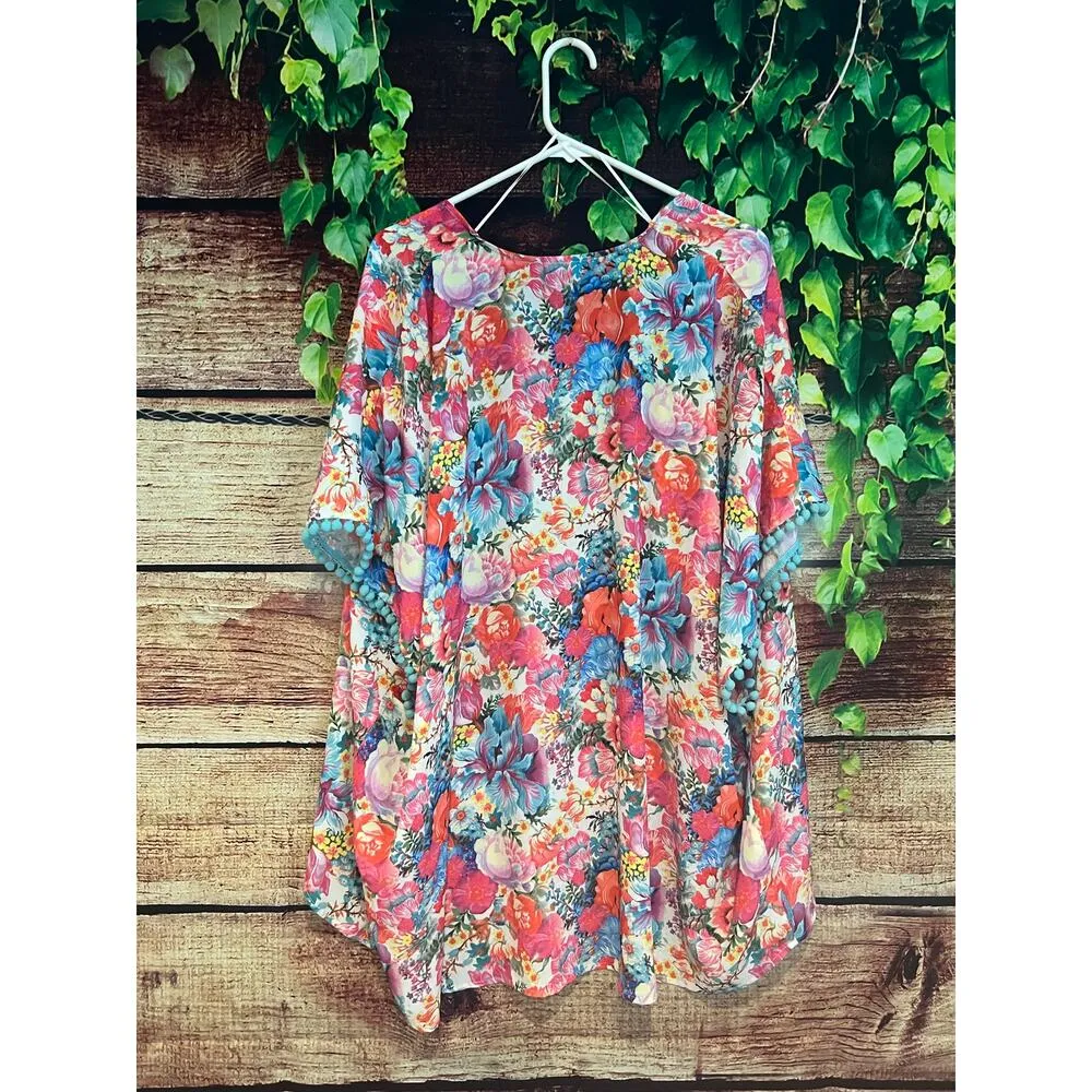 Gianni Bini Open Front Kimono Cardigan Floral Garden Spring Pom Pom Boho OS NWT - Image 5