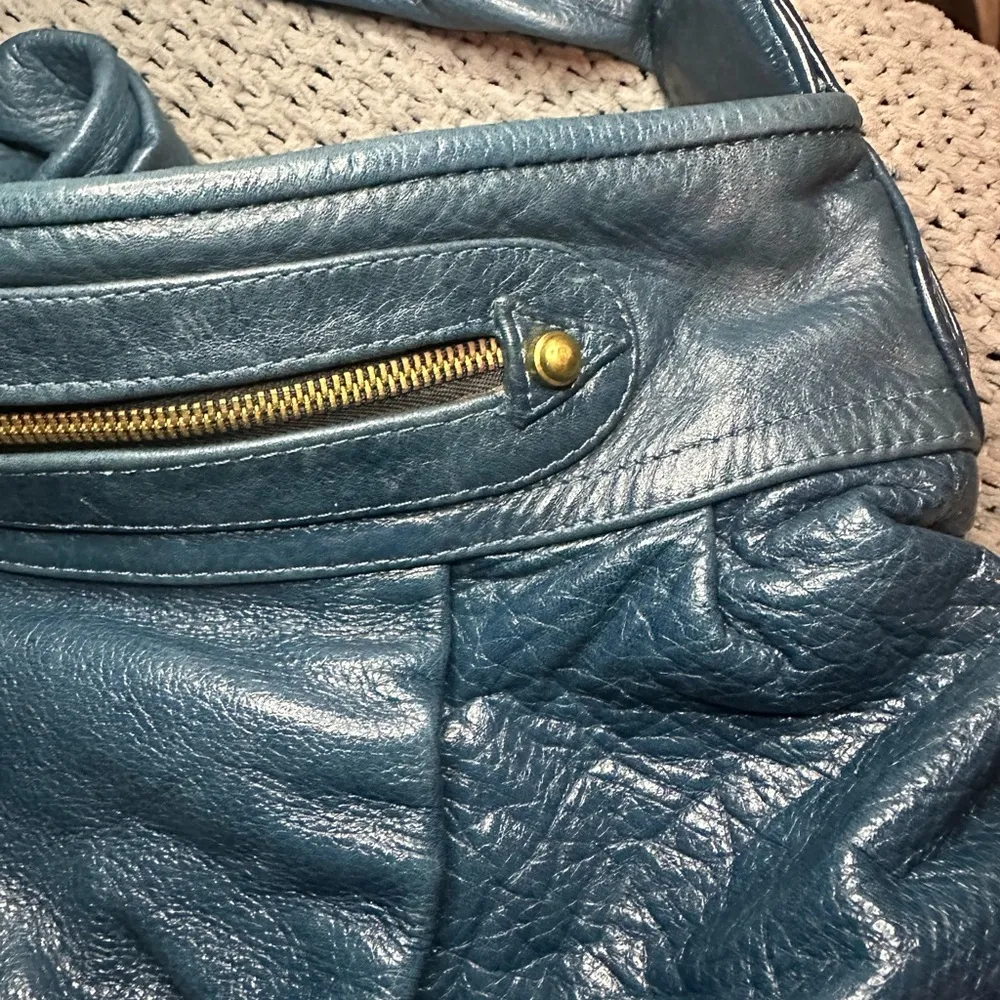 Large Gustto Designer Blue Leather Slouch Purse - Image 6