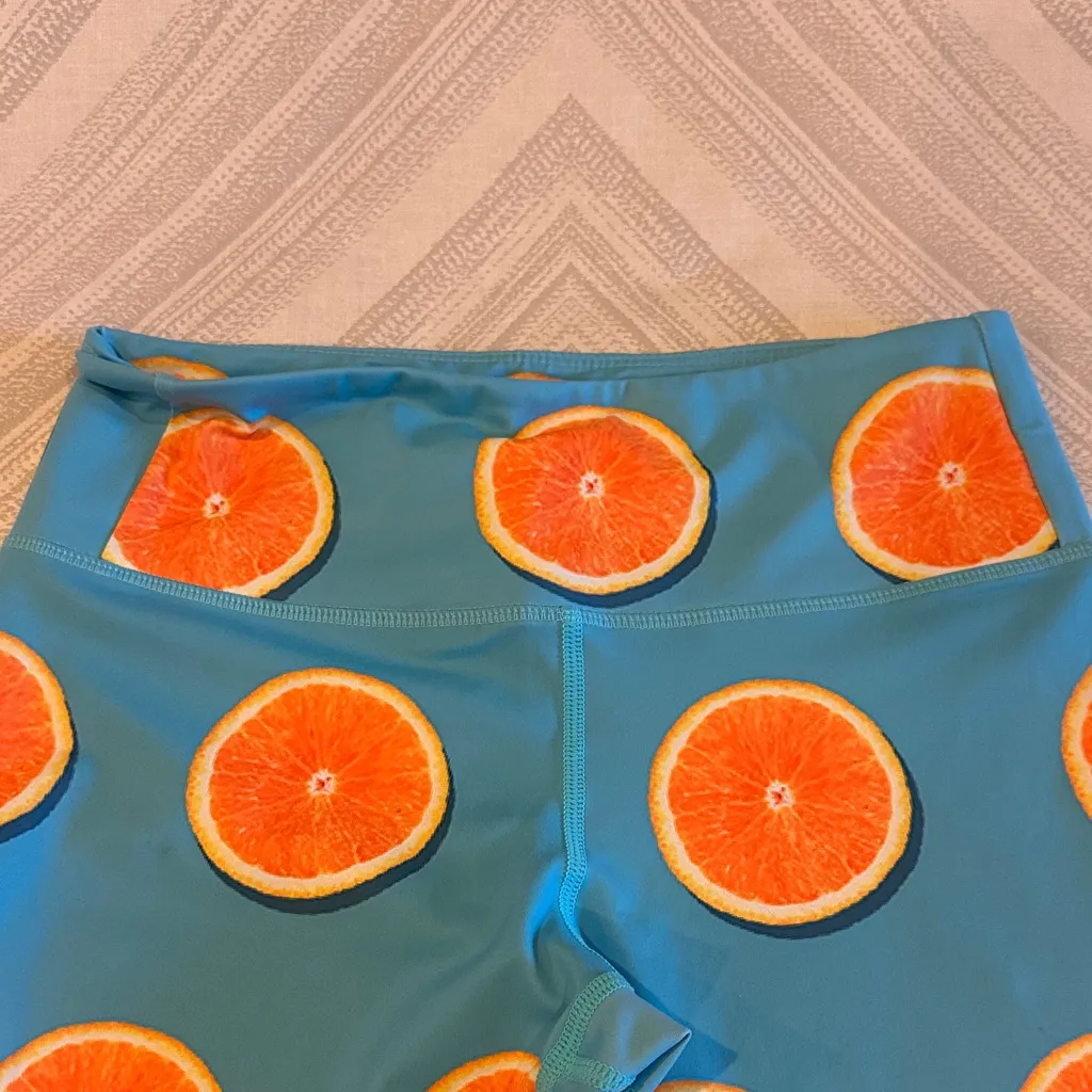 Flexi Lexi Women’s High Waist Blue Leggings with Orange Print Size Small - Image 3