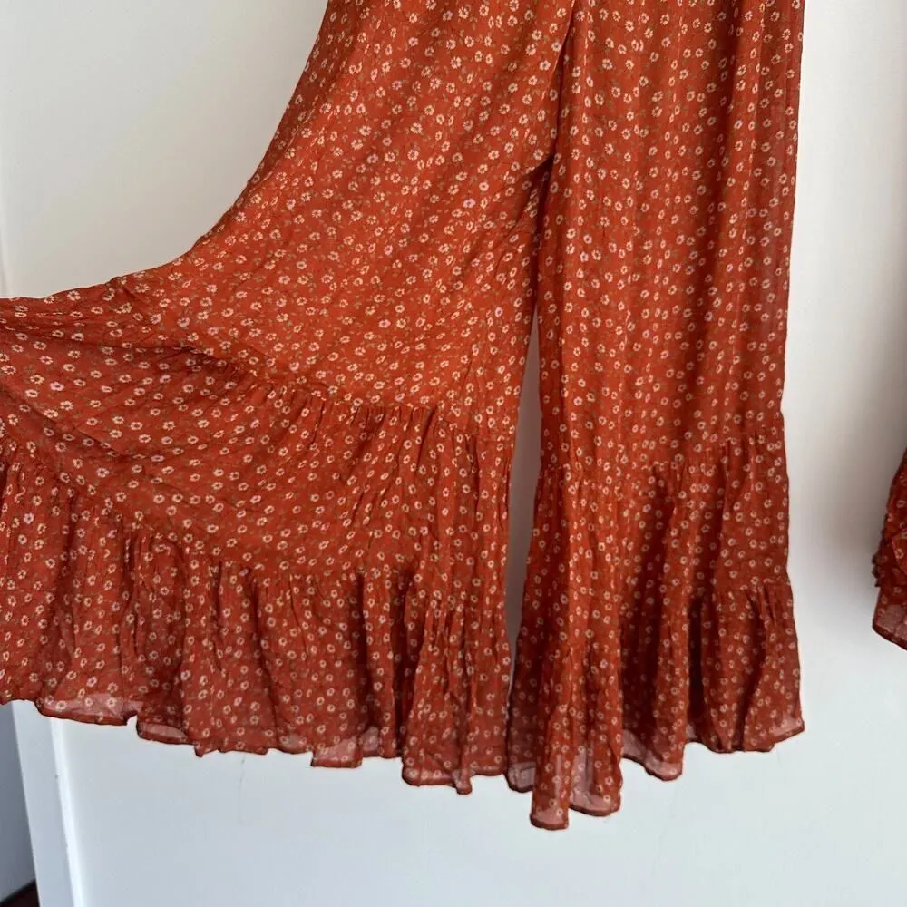 Mes Demoiselles Matching Set 38 40 Rustic Silk Boho Flowy Blouse Wide Leg Pants Orange Size 6 - Image 6