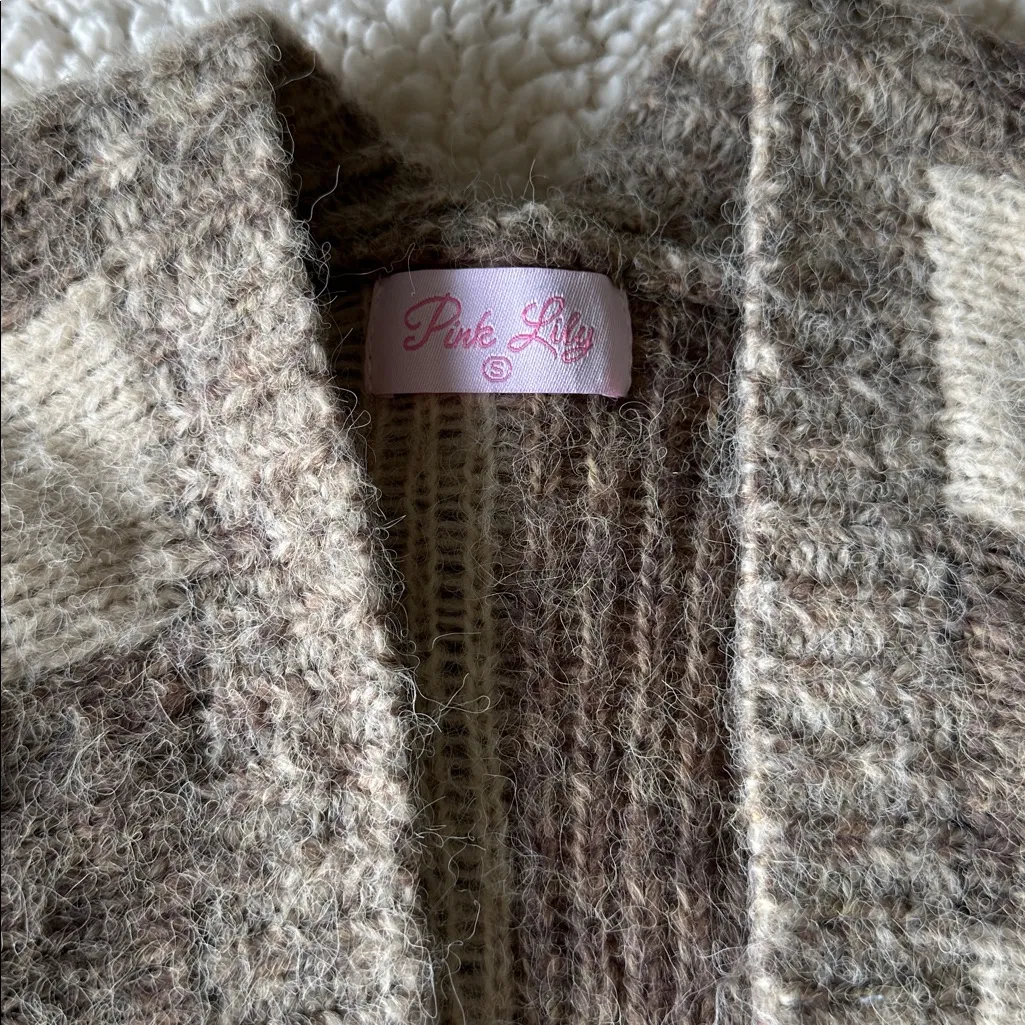 Pink Lily Sweater Cardigan Size S Brown/Cream - Image 3