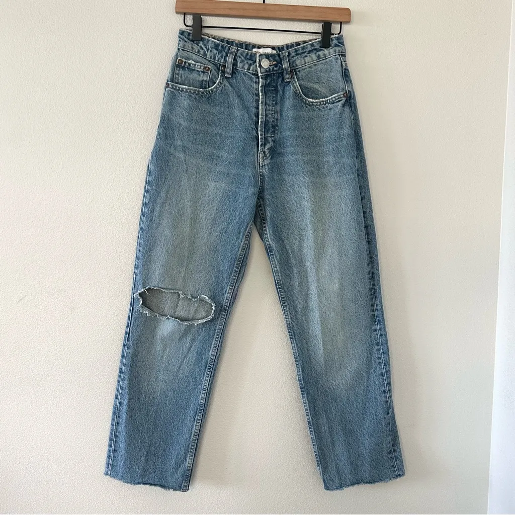ZARA Size 4 High Rise Ripped Straight Denim Blue Jeans Distressed 100% Cotton - Image 2