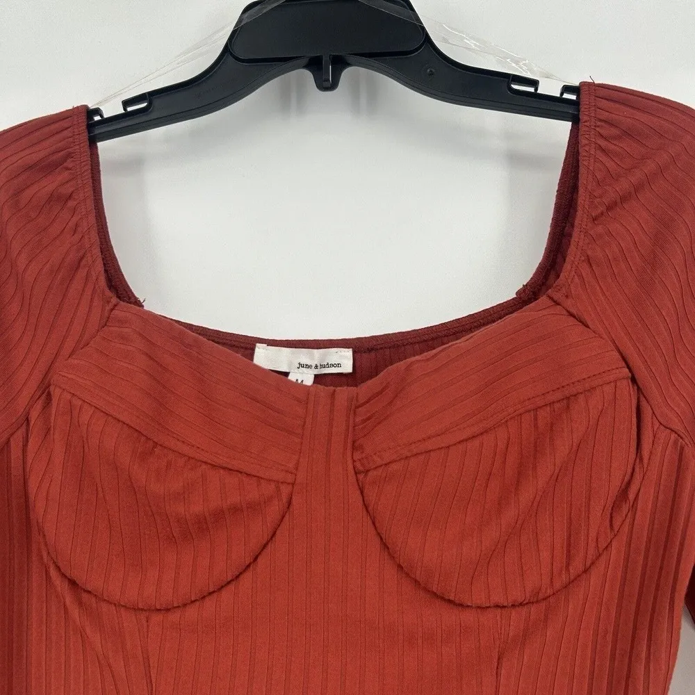 June & Hudson Rust Red Ribbed Crop Top Long Sleeve Square Neck Padded Size M Size M - Image 2