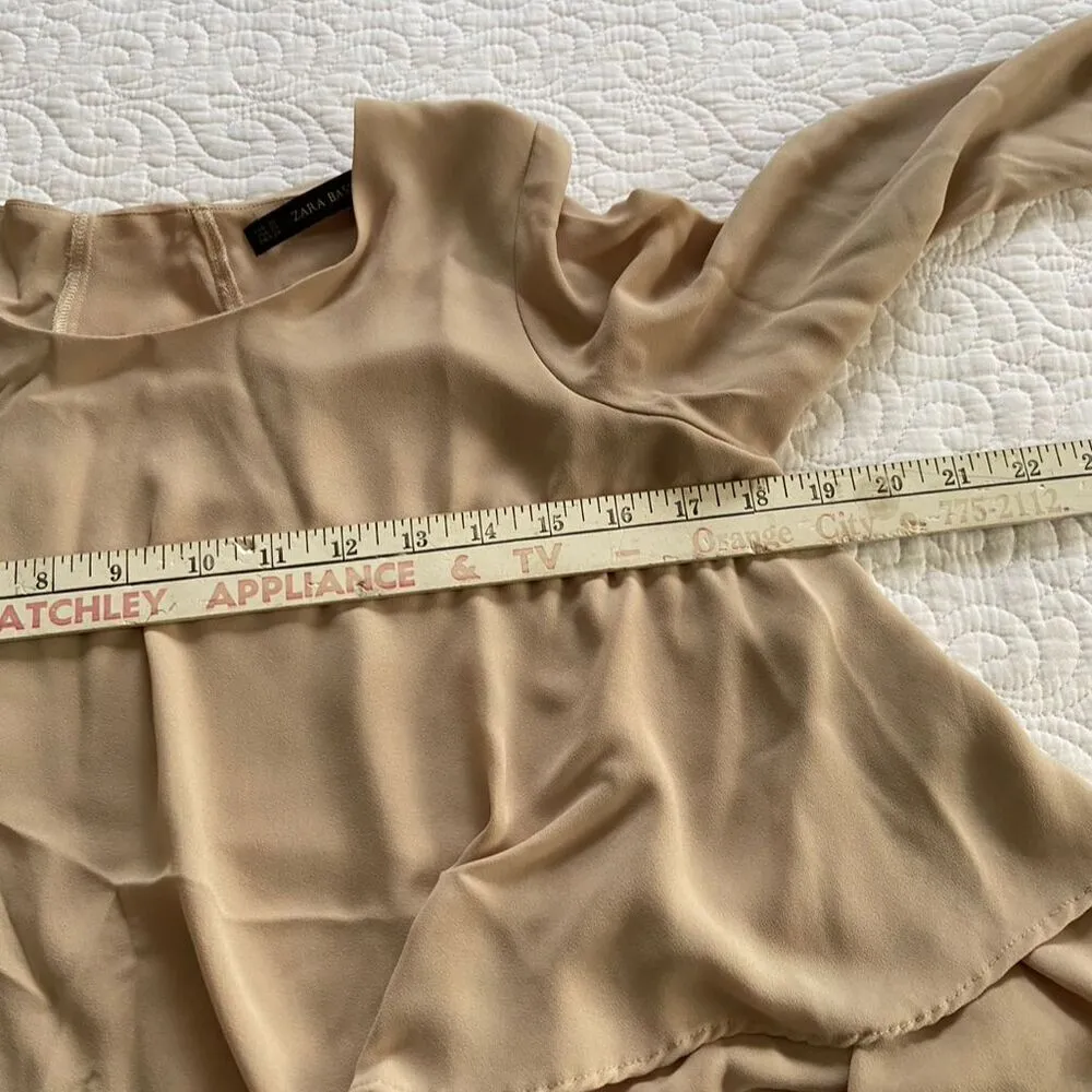 Zara Basic Tan Layered 3/4 Sleeve Boxy Flowy Chiffon Blouse Size XS - Image 7