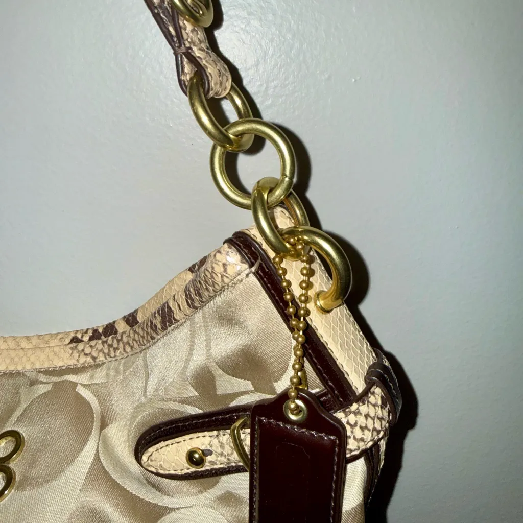 Coach Signature Jacquard Hobo Shoulder Bag w/ Snakeskin Trim - Image 3