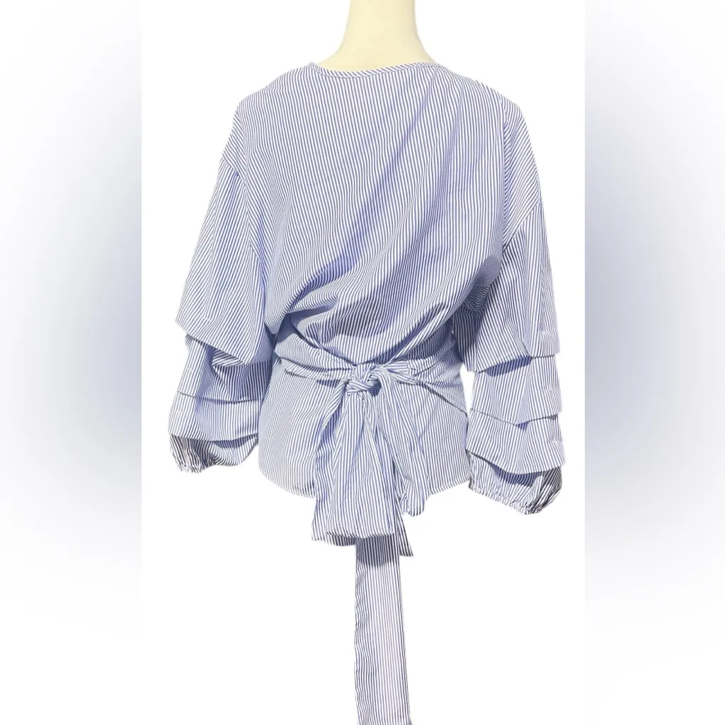 Unique Spectrum Navy and White Wrap Blouse - Image 2