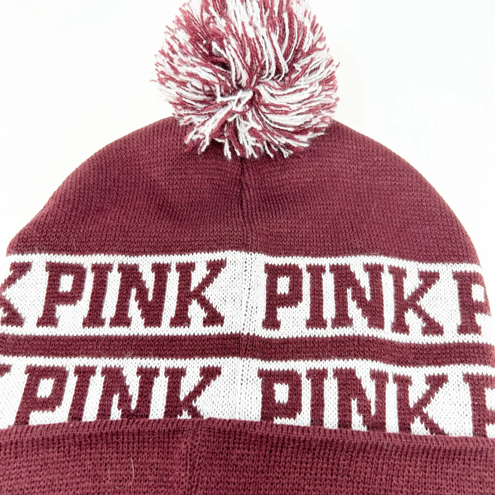 Victoria's Secret Womens PINK Pom‎ Pom Knitted Beanie Winter Cap Hat Burgundy - Image 2